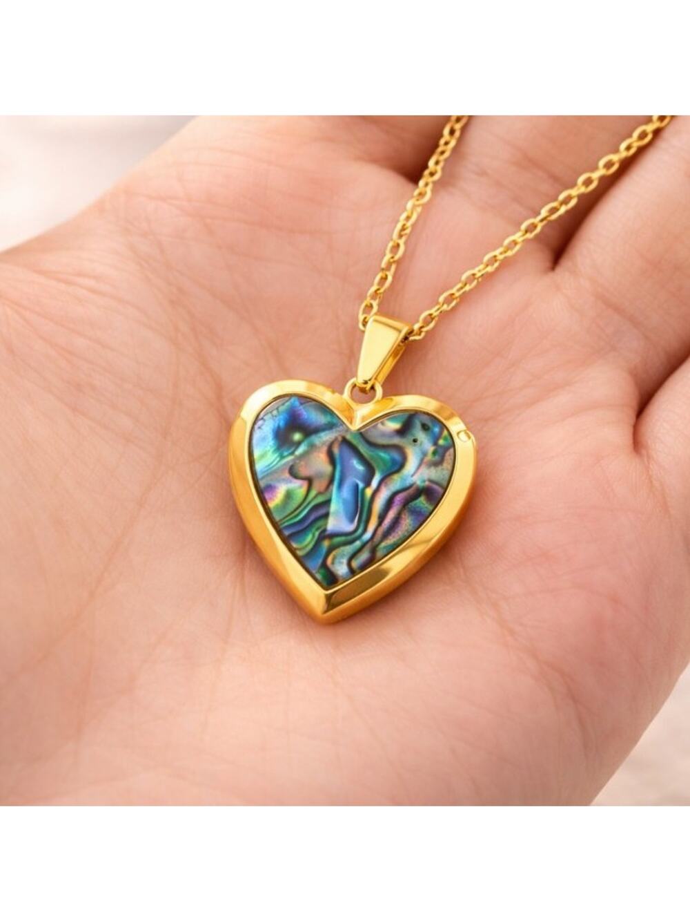 Ornate Gold Tone Heart locket Necklace Abalone Shell Valentines Birthday Gift
